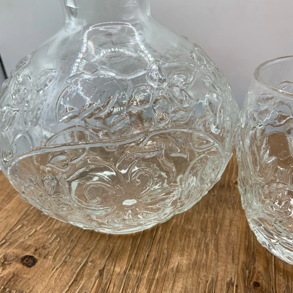 Glass Vintage Floral Design Tumble-Up or Bedside Water Carafe Set Vase - Picture 3 of 5